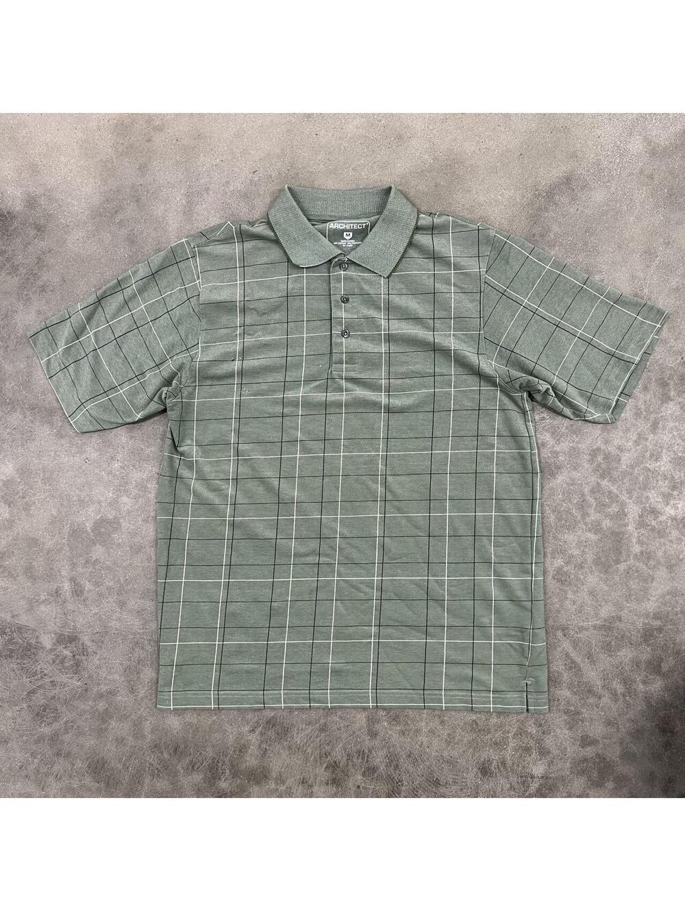 2000s Jade Green Architect Polo Shirt Windowpane Plaid Short Sleeve Vintage Y2K